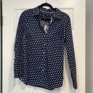Navy and white, polka dot shirt